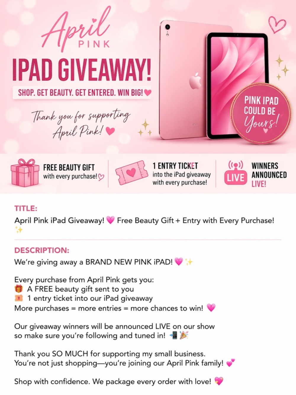 April Pink iPad Giveaway 💕 Free Beauty Gift + Entry With Every Purchase!